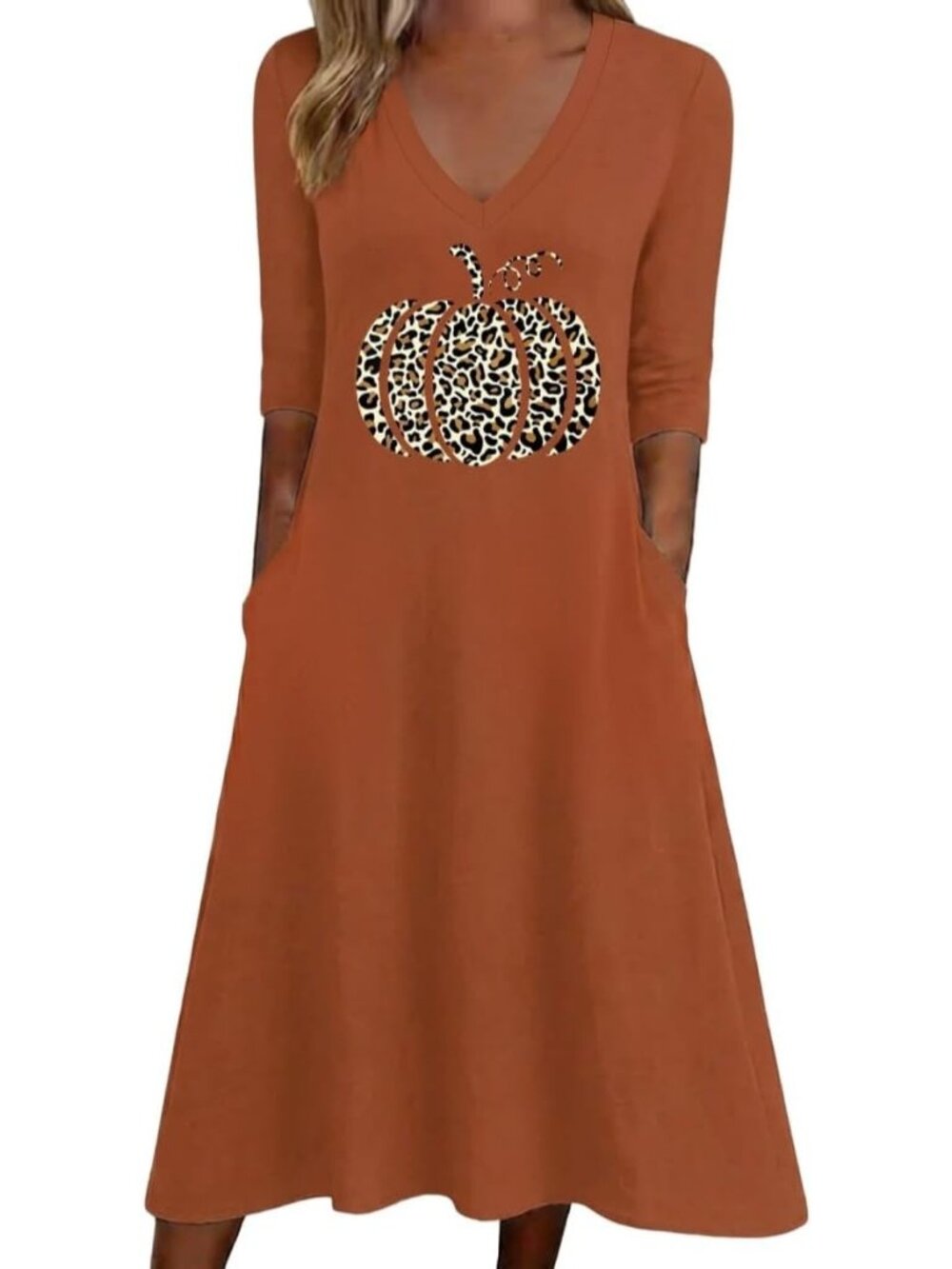 🆕 Women's Halloween Orange Pumpkin Dress Leopard Graphic V-Neck With Pockets